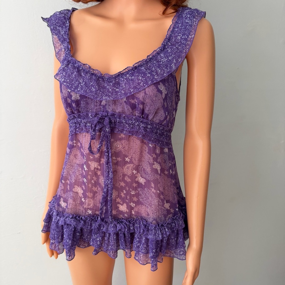 Y2K Purple Sheer Tank Top Fairy Whimsigoth Cami 90s Coquette Ruffles Paisley VTG